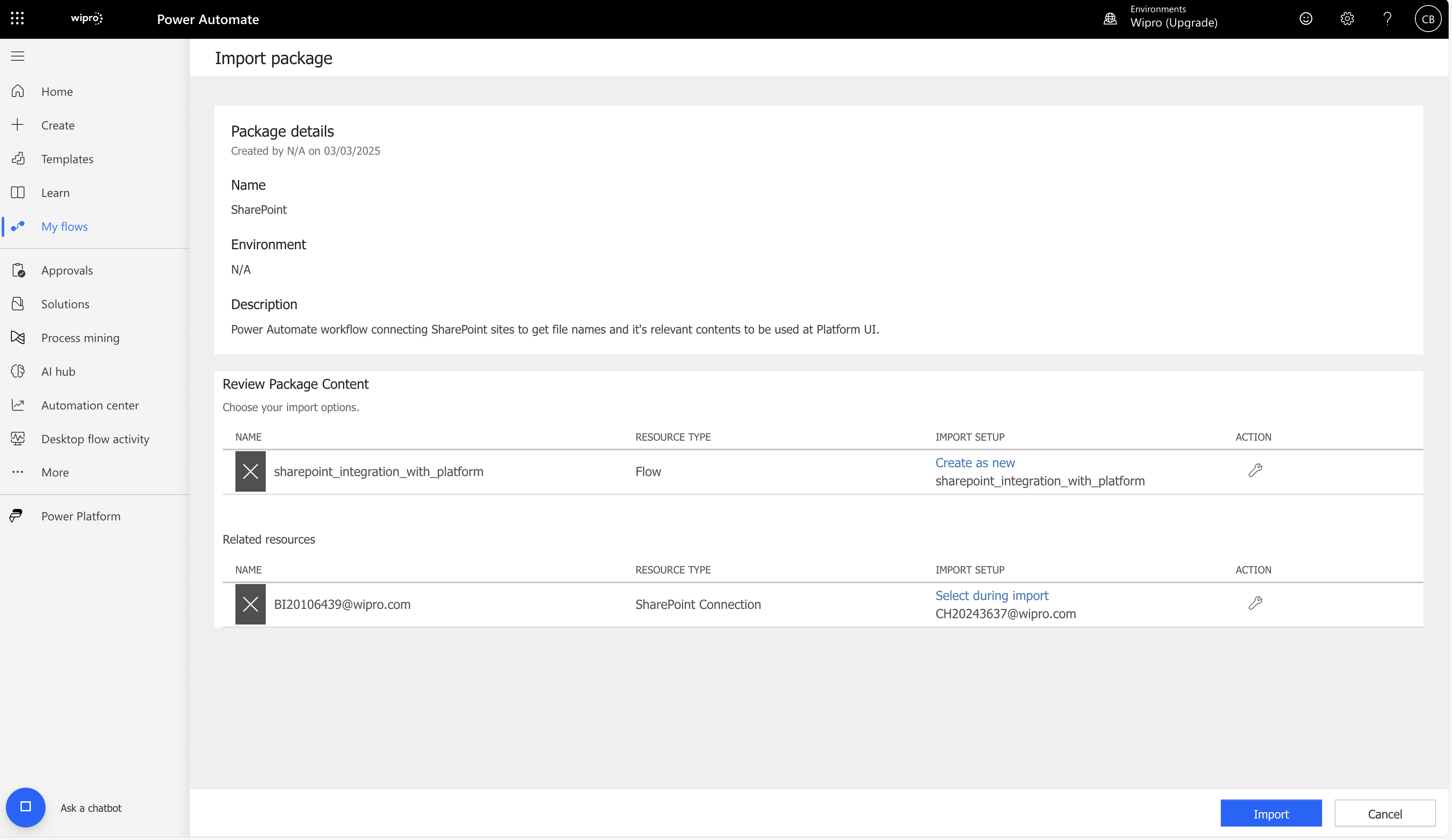 Screenshot of the import workflow screen
