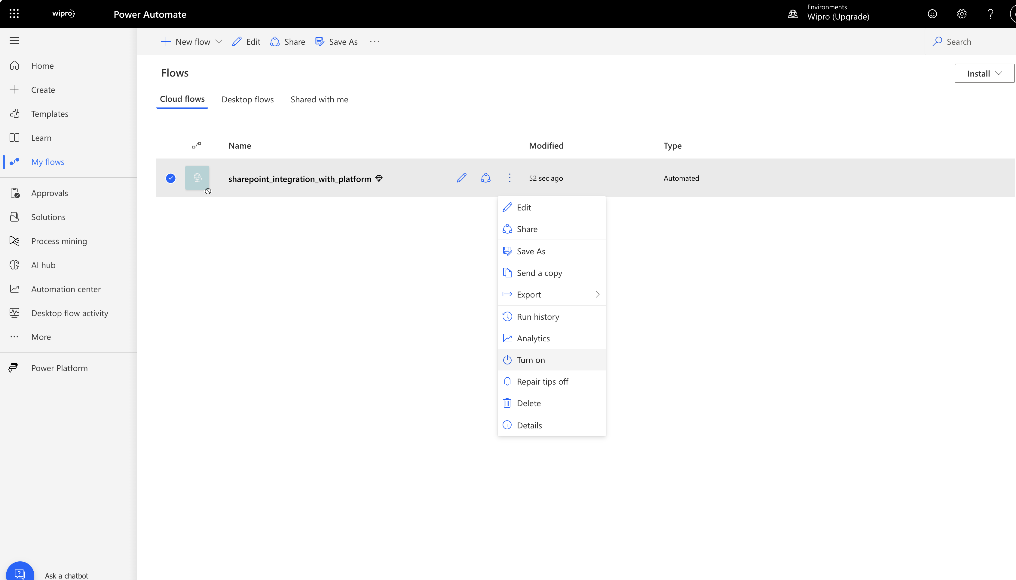 Screenshot to turn on the imported workflow