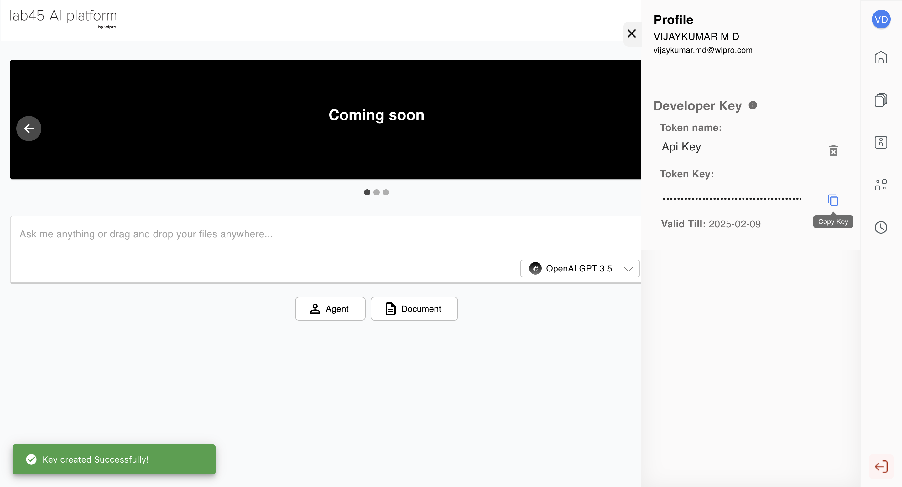 Copying the api Token key Screenshot