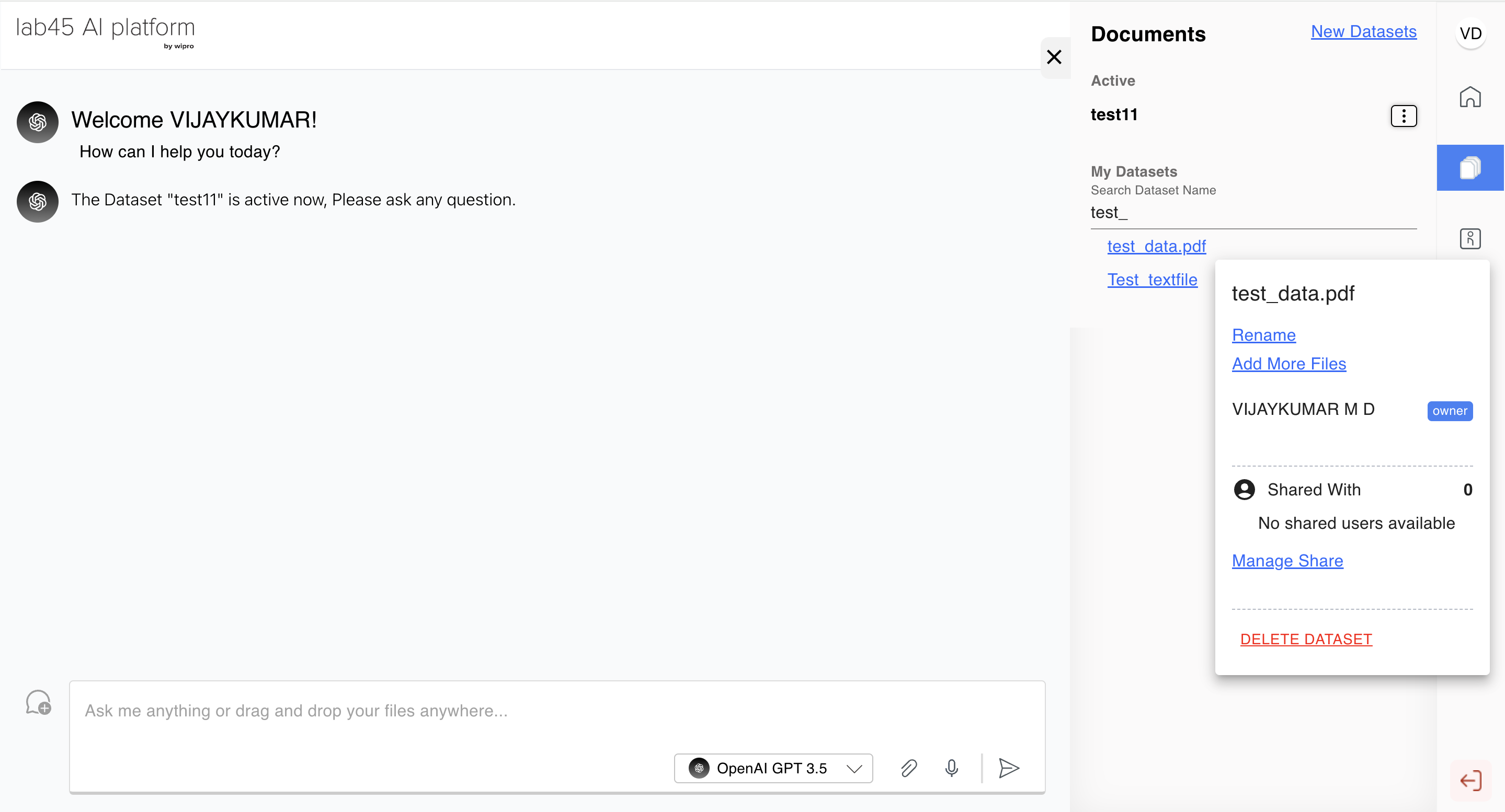 Screenshot of the Datasets Interface
