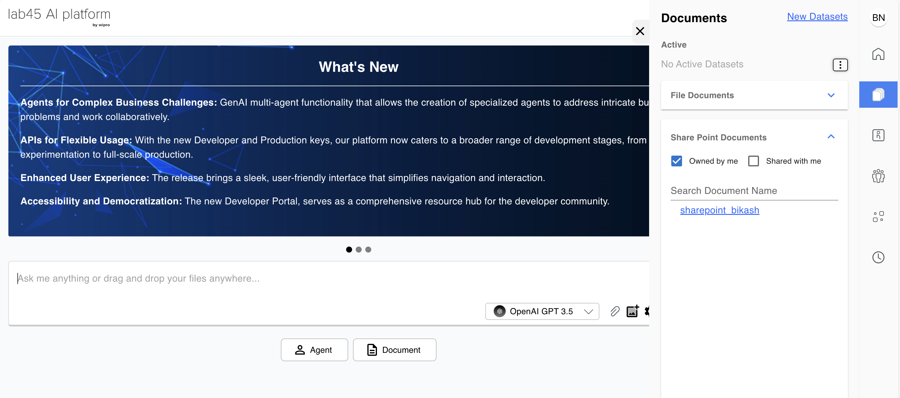 Screenshot of the sharepoint dataset Interface